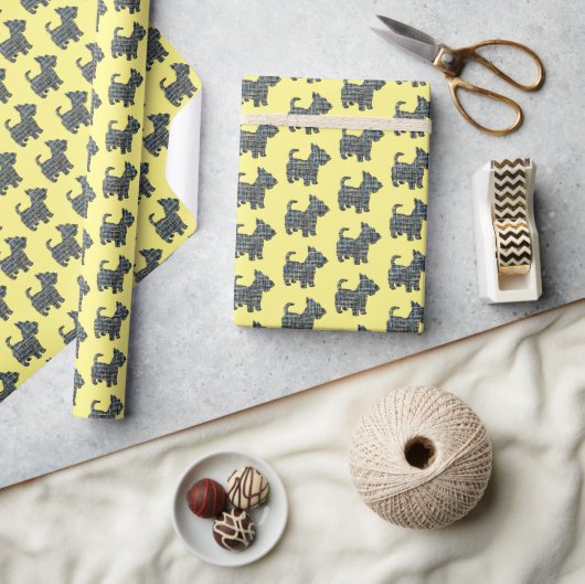 Scottish Terrier Niedlich Dog Y&B Grid Yellow Gift Geschenkpapier (Kunsthandwerk)