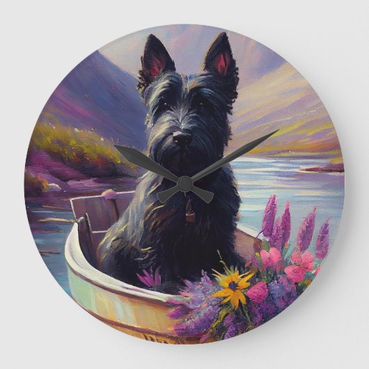 Scottish Terrier on a Paddle: Ein Landschaftliches Große Wanduhr (Vorderseite)