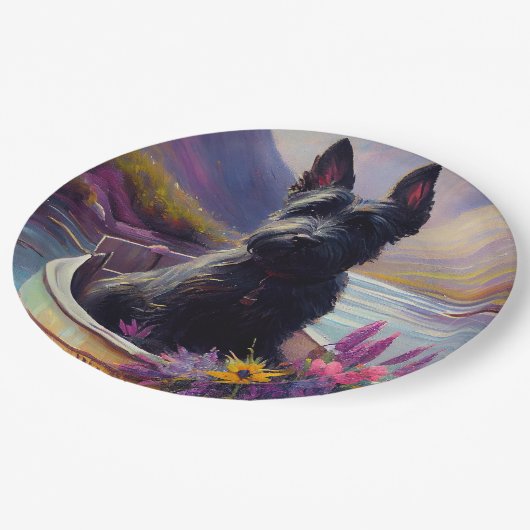 Scottish Terrier on a Paddle: Ein Landschaftliches Pappteller (Schrägansicht)