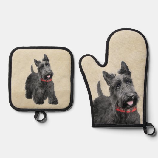 Scottish Terrier Painting Black Original Dog Art Ofenhandschuh & Topflappen-Set (Vorderseite)