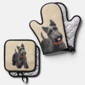 Scottish Terrier Painting Black Original Dog Art Ofenhandschuh & Topflappen-Set (Vorderseite/Rückseite)