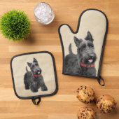 Scottish Terrier Painting Black Original Dog Art Ofenhandschuh & Topflappen-Set (Oben Unten)
