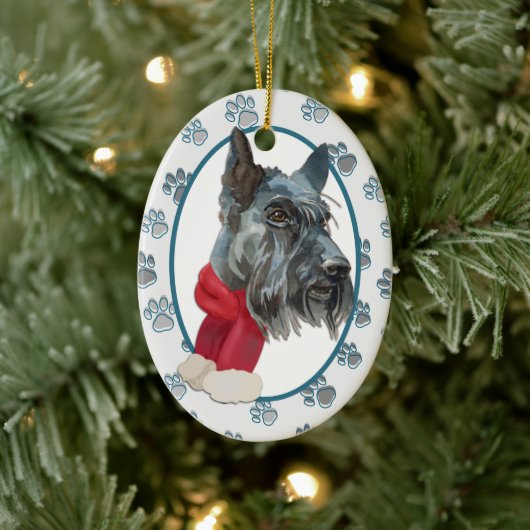 Scottish Terrier Paw Print Border Keramik Ornament (Baum)