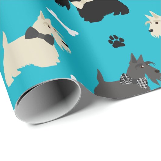Scottish Terrier Paws and Bones Blue Geschenkpapier (Rolleneckpunkt)