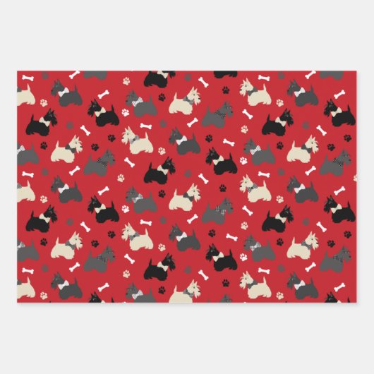 Scottish Terrier Paws and Bones Red Blue Pink Geschenkpapier Set (Vorderseite)