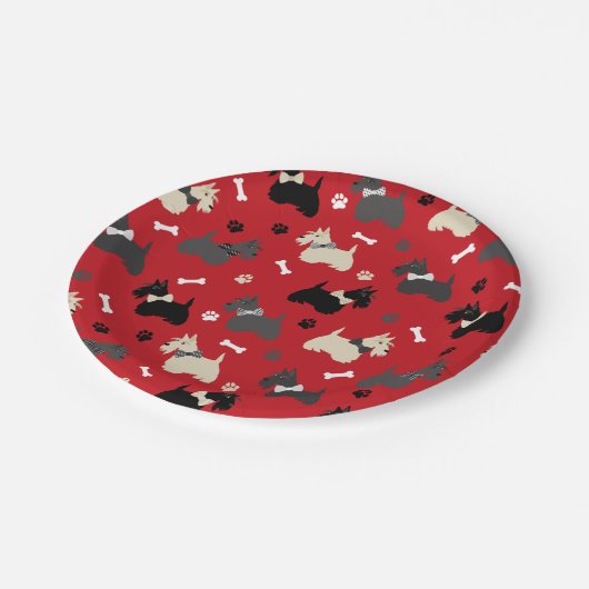 Scottish Terrier Paws and Bones Red Pappteller (Schrägansicht)