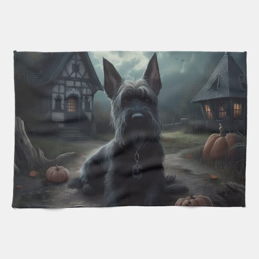 Scottish Terrier Pumpkins Halloween Beängstigend Geschirrtuch (Horizontal)