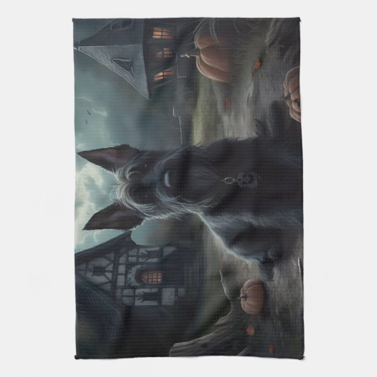 Scottish Terrier Pumpkins Halloween Beängstigend Geschirrtuch (Vertikal)