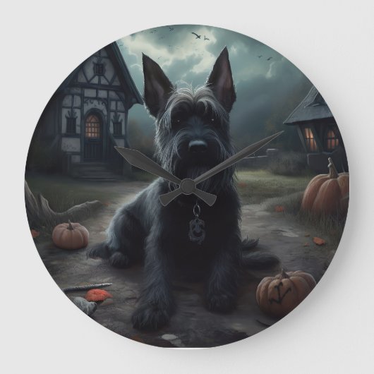 Scottish Terrier Pumpkins Halloween Beängstigend Große Wanduhr (Vorderseite)
