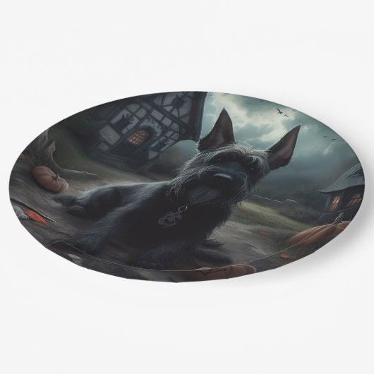 Scottish Terrier Pumpkins Halloween Beängstigend Pappteller (Schrägansicht)