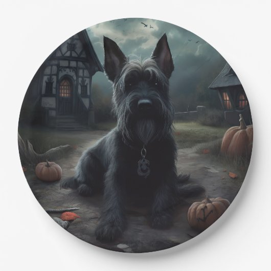 Scottish Terrier Pumpkins Halloween Beängstigend Pappteller (Vorderseite)
