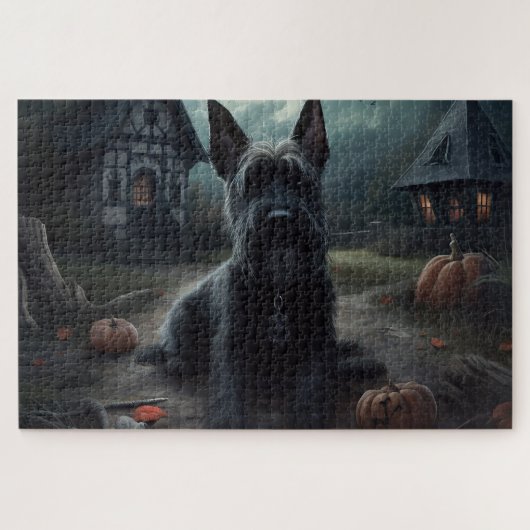 Scottish Terrier Pumpkins Halloween Beängstigend Puzzle (Horizontal)
