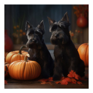 Scottish Terrier Puppy Autumn Delight Pumpkin Poster