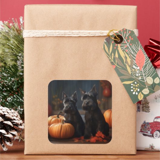 Scottish Terrier Puppy Autumn Delight Pumpkin Quadratischer Aufkleber (Feiertag)