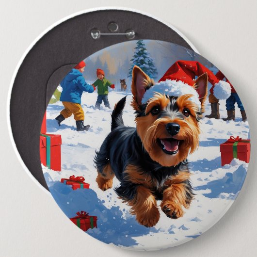 Scottish Terrier Running Snow mit Weihnachtshut Button (Vorne & Hinten)