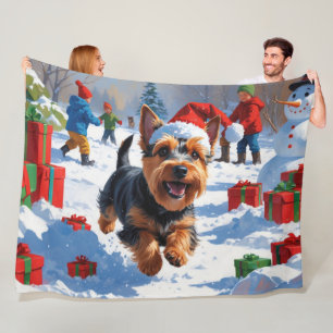 Scottish Terrier Running Snow mit Weihnachtshut Fleecedecke