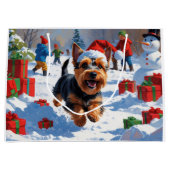 Scottish Terrier Running Snow mit Weihnachtshut Große Geschenktüte (Vorderseite)