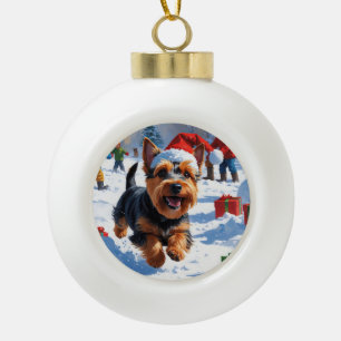Scottish Terrier Running Snow mit Weihnachtshut Keramik Kugel-Ornament