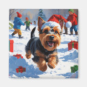 Scottish Terrier Running Snow mit Weihnachtshut Magnet (Vorne)