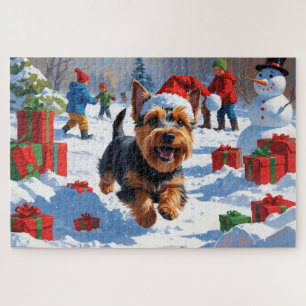 Scottish Terrier Running Snow mit Weihnachtshut Puzzle
