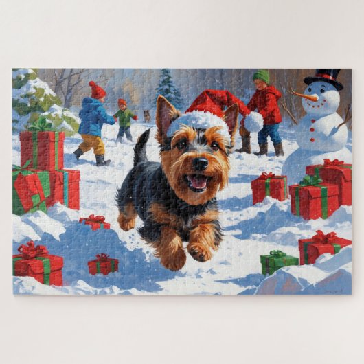Scottish Terrier Running Snow mit Weihnachtshut Puzzle (Horizontal)