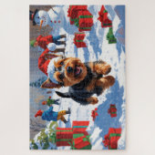 Scottish Terrier Running Snow mit Weihnachtshut Puzzle (Vertikal)