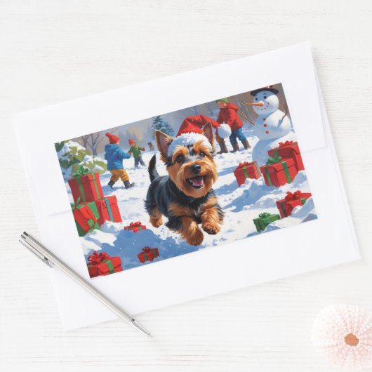 Scottish Terrier Running Snow mit Weihnachtshut Rechteckiger Aufkleber (Umschlag)