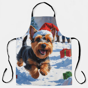 Scottish Terrier Running Snow mit Weihnachtshut Schürze