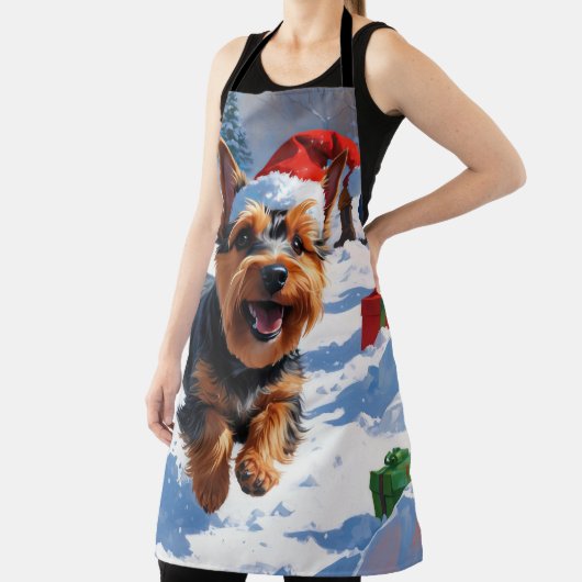 Scottish Terrier Running Snow mit Weihnachtshut Schürze (InSitu)