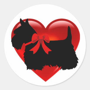 Scottish Terrier, schwarz/weiß, rotes Herz/Bogen/K Runder Aufkleber