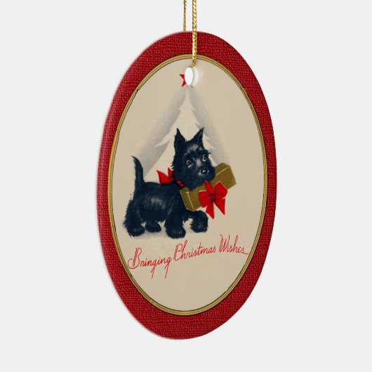 Scottish Terrier Scottie Dog mit Geschenk und Baum Keramikornament (Rechts)