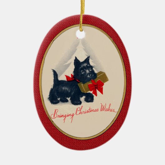 Scottish Terrier Scottie Dog mit Geschenk und Baum Keramikornament (Vorne)