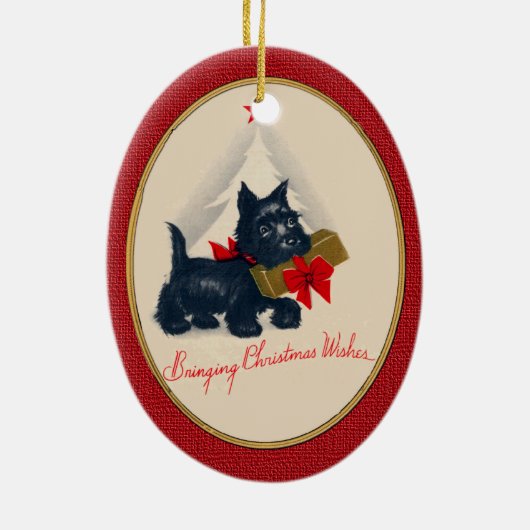Scottish Terrier Scottie Dog mit Geschenk und Baum Keramikornament (Hinten)