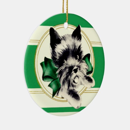 Scottish Terrier Scottie Dog mit grünem Bug Keramik Ornament (Rechts)