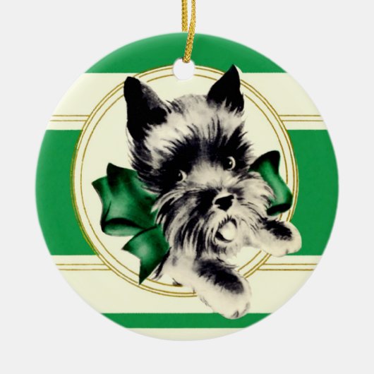 Scottish Terrier Scottie Dog mit grünem Bug Keramik Ornament (Vorne)