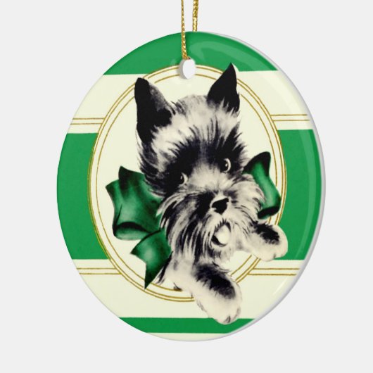 Scottish Terrier Scottie Dog mit grünem Bug Keramik Ornament (Links)