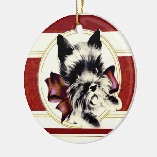 Scottish Terrier Scottie Dog mit rotem Bug Keramik Ornament (Links)