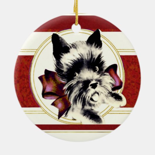 Scottish Terrier Scottie Dog mit rotem Bug Keramik Ornament (Hinten)