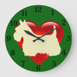 Scottish Terrier Silhouette Rotes Herz/Grün Große Wanduhr