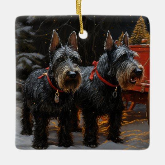 Scottish Terrier Snowy Sleigh Weihnachtsdekor Keramikornament (Vorderseite)