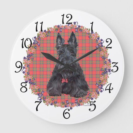 Scottish Terrier über Tartan Große Wanduhr (Vorderseite)