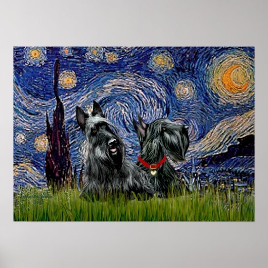 Scottish Terrier (zwei schwarze) - Starry Night Poster (Vorne)