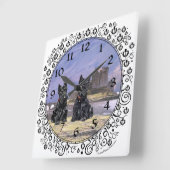 Scottish Terriers at Eileen Donan Castle Quadratische Wanduhr (Winkel)