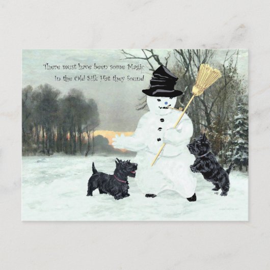 Scottish Terriers Build a Snowman Postkarte (Vorderseite)