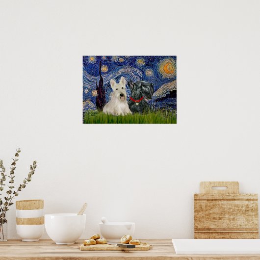 Scottish Terriers (Two-BW) - Starry Night Poster (Küche)