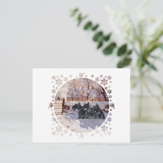 Scottish Terriers Winter Magpie Postkarte (Stehend Vorderseite)
