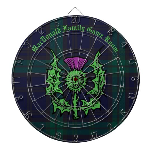 Scottish Thistle auf Dark Tartan Individuelle Name Dartscheibe (vorne)