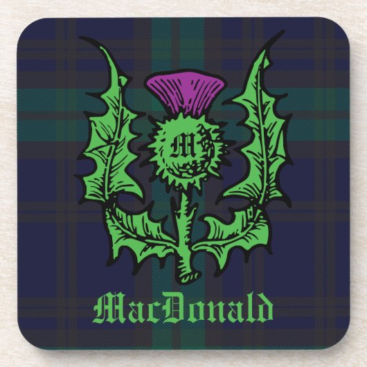 Scottish Thistle auf Dark Tartan Individuelle Name Getränkeuntersetzer (Vorderseite)