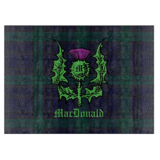 Scottish Thistle auf Dark Tartan Individuelle Name Schneidebrett (Vorderseite)