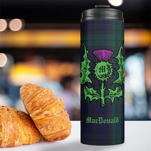 Scottish Thistle auf Dark Tartan Individuelle Name Thermosbecher